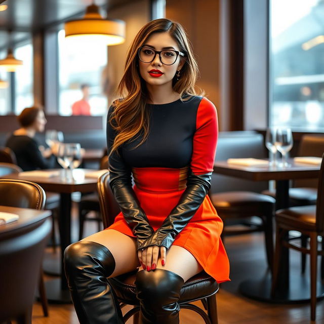 A stylish 21-year-old woman with brunette hair, wearing over-the-knee leather boots, sits confidently in a chic restaurant