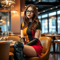 A stylish 21-year-old woman with brunette hair, wearing over-the-knee leather boots, sits confidently in a chic restaurant