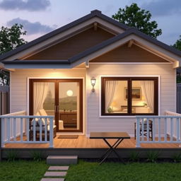 A bungalow house with a single-level design, featuring a charming front with a balcony