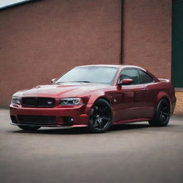 A powerful, dark red car with an aggressive stance and muscular design, the paintwork is gleaming and the wheels are large, accentuating its commanding presence.