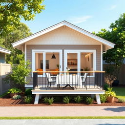 A charming single-level bungalow house with a front design that includes a balcony perfectly sized for placing a dinner table