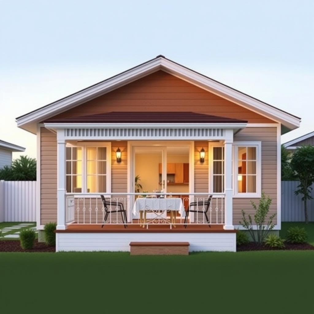 A charming single-level bungalow house with a front design that includes a balcony perfectly sized for placing a dinner table