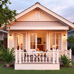 A charming single-level bungalow house with a front design that includes a balcony perfectly sized for placing a dinner table