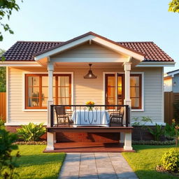 A charming single-level bungalow house with a front design that includes a balcony perfectly sized for placing a dinner table