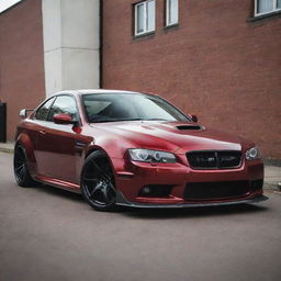 A powerful, dark red car with an aggressive stance and muscular design, the paintwork is gleaming and the wheels are large, accentuating its commanding presence.