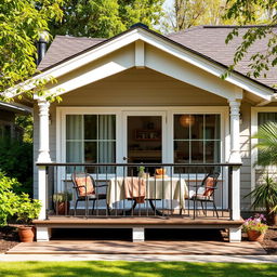 A charming bungalow house with a single-level front design, featuring a balcony perfectly sized for placing a dining table