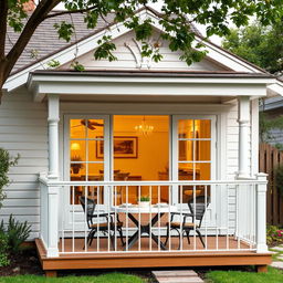 A charming bungalow house with a single-level front design, featuring a balcony perfectly sized for placing a dining table