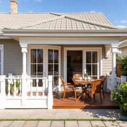 A charming bungalow house with a single-level front design, featuring a balcony perfectly sized for placing a dining table