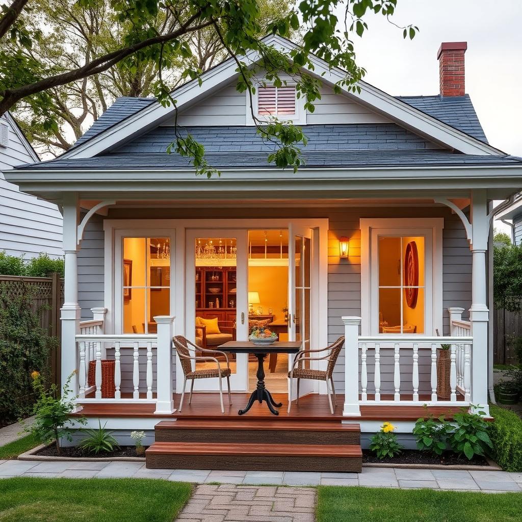 A charming bungalow house with a single-level front design, featuring a balcony perfectly sized for placing a dining table