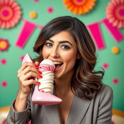 A playful brunette woman enjoying ice cream out of a high heel shoe, demonstrating a quirky and humorous moment