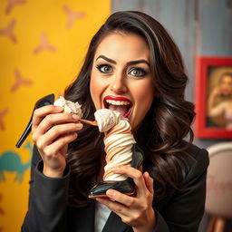 A playful brunette woman enjoying ice cream out of a high heel shoe, demonstrating a quirky and humorous moment