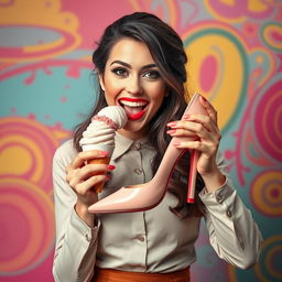 A playful brunette woman enjoying ice cream out of a high heel shoe, demonstrating a quirky and humorous moment