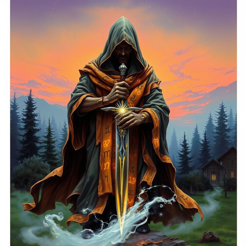 A 1980s-style fantasy painting featuring a mysterious hooded figure, draped in strips of cloth adorned with glowing runes