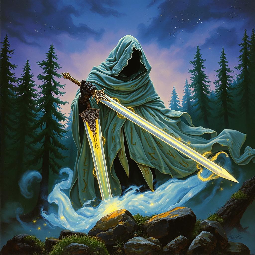 A 1980s-style fantasy painting featuring a mysterious hooded figure, draped in strips of cloth adorned with glowing runes