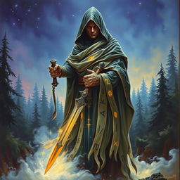 A 1980s-style fantasy painting featuring a mysterious hooded figure, draped in strips of cloth adorned with glowing runes