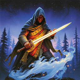 A 1980s-style fantasy painting featuring a mysterious hooded figure, draped in strips of cloth adorned with glowing runes