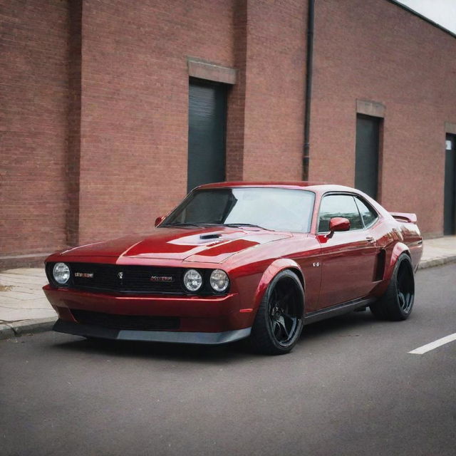 A powerful, dark red car with an aggressive stance and muscular design, the paintwork is gleaming and the wheels are large, accentuating its commanding presence.