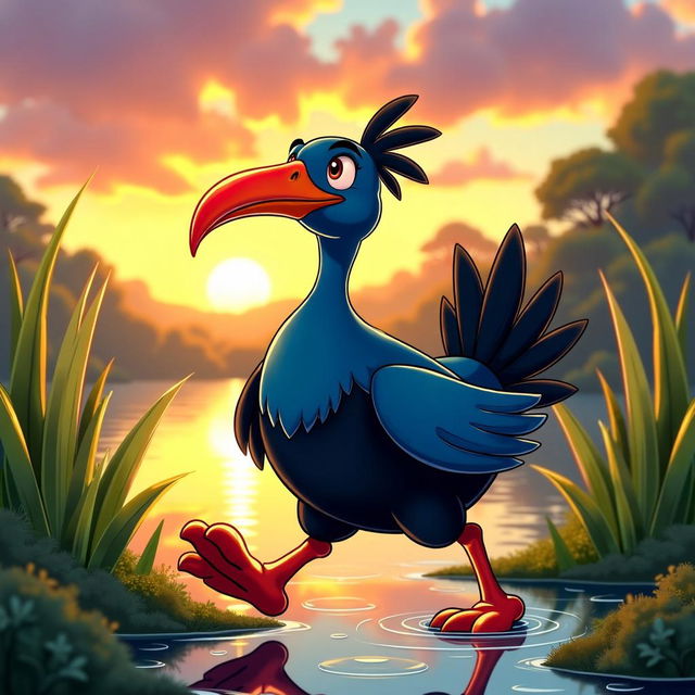 A charming and lively animated pukeko, depicted with vibrant blue and black feathers, a striking red beak, and large feet