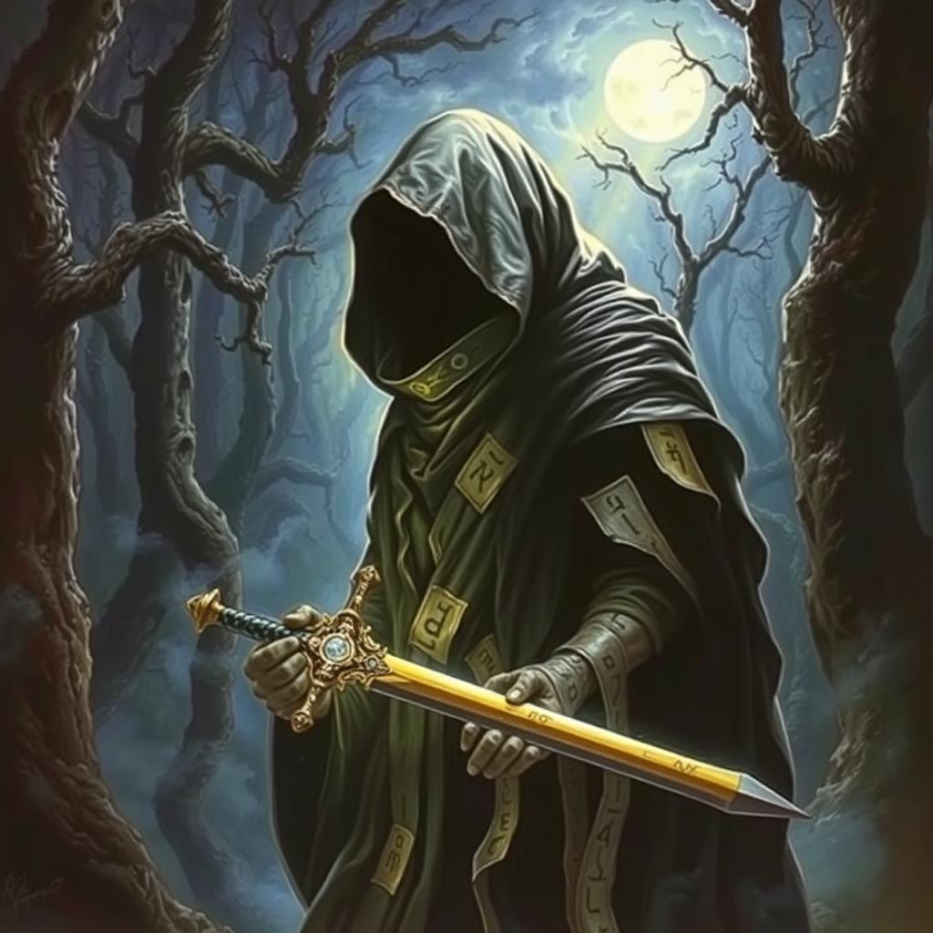 A 1980s dark fantasy painting featuring a mysterious hooded figure, shrouded in strips of cloth adorned with ominously glowing runes