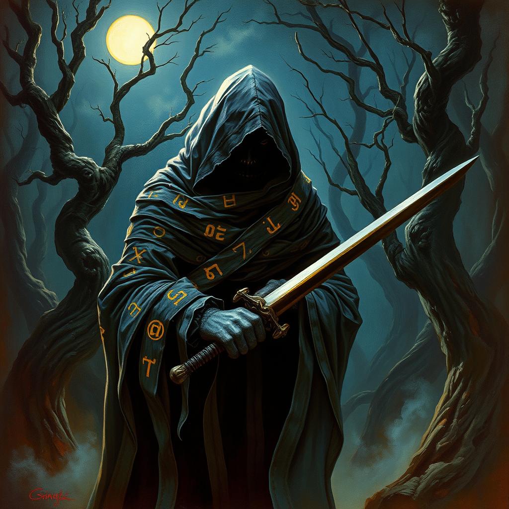 A 1980s dark fantasy painting featuring a mysterious hooded figure, shrouded in strips of cloth adorned with ominously glowing runes