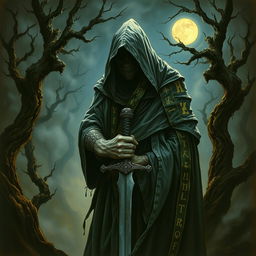 A 1980s dark fantasy painting featuring a mysterious hooded figure, shrouded in strips of cloth adorned with ominously glowing runes