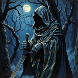 A 1980s dark fantasy painting featuring a mysterious hooded figure, shrouded in strips of cloth adorned with ominously glowing runes