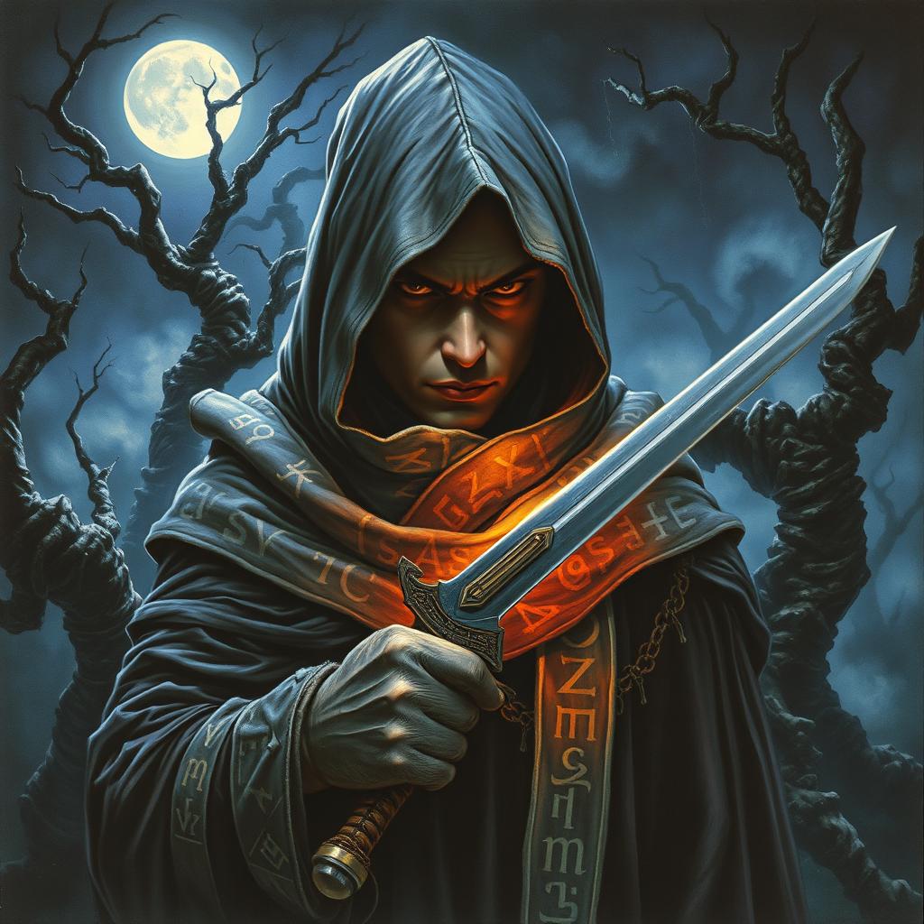 A 1980s dark fantasy painting featuring a mysterious hooded figure, their face partially revealed, with intense eyes and a determined expression