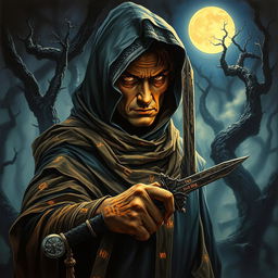 A 1980s dark fantasy painting featuring a mysterious hooded figure, their face partially revealed, with intense eyes and a determined expression