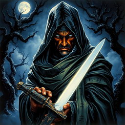 A 1980s dark fantasy painting featuring a mysterious hooded figure, their face partially revealed, with intense eyes and a determined expression