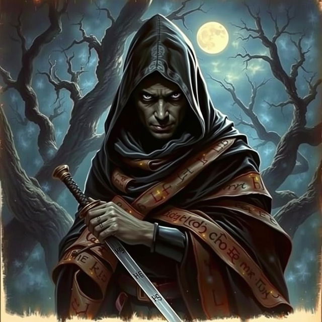 A 1980s dark fantasy painting featuring a mysterious hooded figure, their face partially revealed, with intense eyes and a determined expression