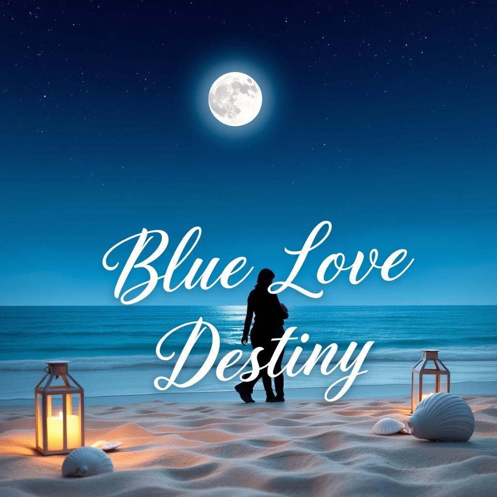 A captivating book cover design for "Blue Love Destiny" featuring a romantic and dreamy scene