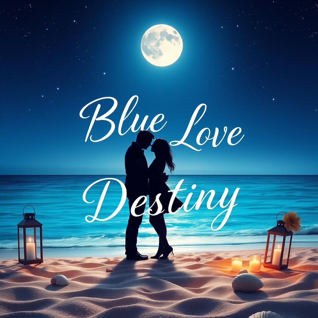 A captivating book cover design for "Blue Love Destiny" featuring a romantic and dreamy scene