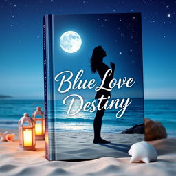 A captivating book cover design for "Blue Love Destiny" featuring a romantic and dreamy scene