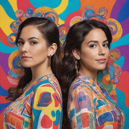 A concept art style image of singer Melanie Martínez and ElMariana, standing back to back in a colourful, abstract background filled with symbols relating to their music.