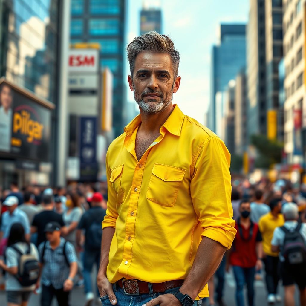 A man wearing a bright yellow shirt standing confidently