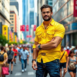 A man wearing a bright yellow shirt standing confidently