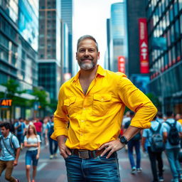 A man wearing a bright yellow shirt standing confidently