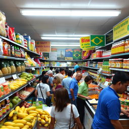 bustling Brazilian supermarket with shelves stacked with tropical fruits like mangoes, pineapples, and papayas