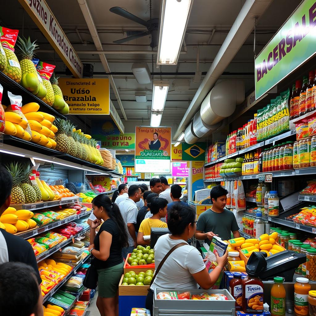 bustling Brazilian supermarket with shelves stacked with tropical fruits like mangoes, pineapples, and papayas