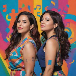 A concept art style image of singer Melanie Martínez and ElMariana, standing back to back in a colourful, abstract background filled with symbols relating to their music.