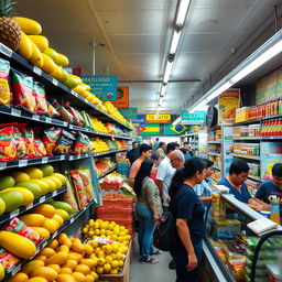 bustling Brazilian supermarket with shelves stacked with tropical fruits like mangoes, pineapples, and papayas