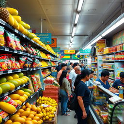 bustling Brazilian supermarket with shelves stacked with tropical fruits like mangoes, pineapples, and papayas