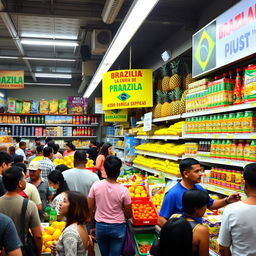 bustling Brazilian supermarket with shelves stacked with tropical fruits like mangoes, pineapples, and papayas