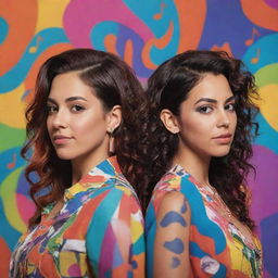 A concept art style image of singer Melanie Martínez and ElMariana, standing back to back in a colourful, abstract background filled with symbols relating to their music.