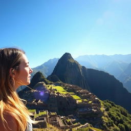 A beautiful woman gazing at Machu Picchu, bathed in the warm midday sun