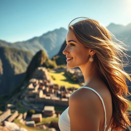 A beautiful woman gazing at Machu Picchu, bathed in the warm midday sun