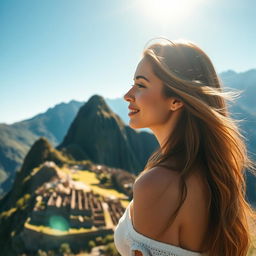 A beautiful woman gazing at Machu Picchu, bathed in the warm midday sun