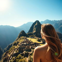 A beautiful woman gazing at Machu Picchu, bathed in the warm midday sun