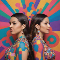 A concept art style image of singer Melanie Martínez and ElMariana, standing back to back in a colourful, abstract background filled with symbols relating to their music.