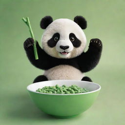 A cute, cartoonish panda reaching towards the viewer, aiming to eat an overflowing bowl of green, striped bamboo-shaped cereal loops. This vibrant and engaging scene is designed to be the eye-catching cover of a cereal box.